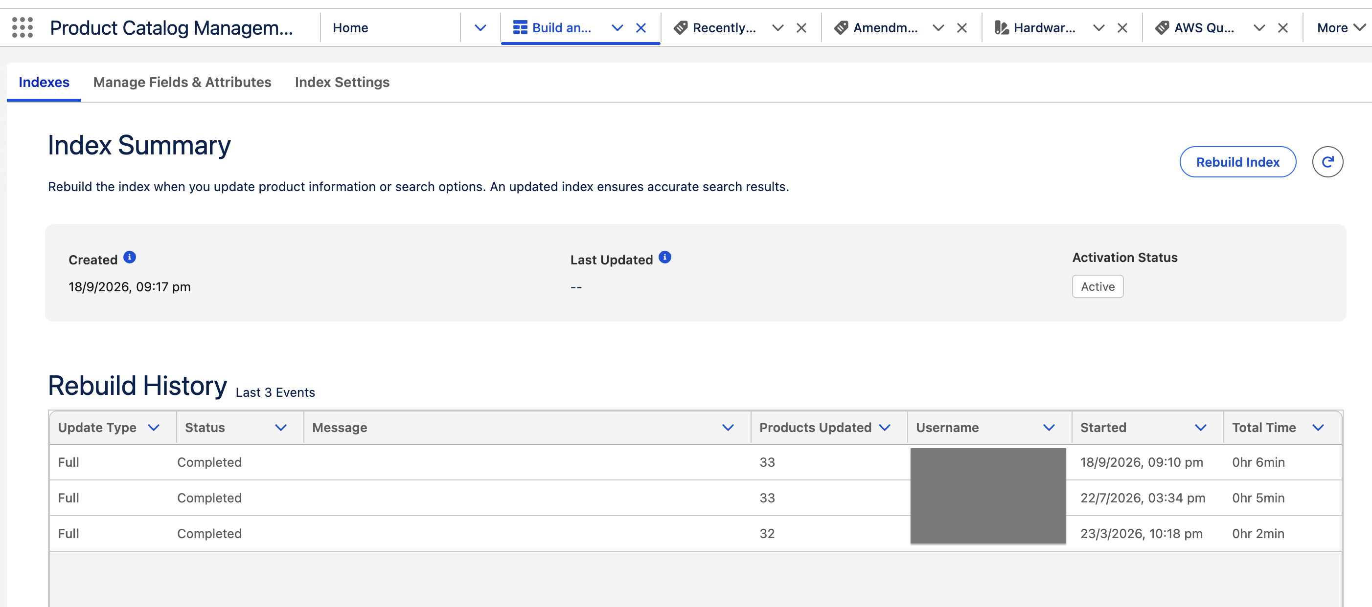 Revenue Cloud Product Catalog Management index summary showing the active snapshot and rebuild history